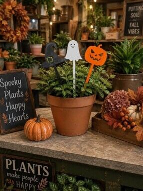 (3) Halloween Themed House Plant Stake Decorations Jack O Lantern Witch Ghost